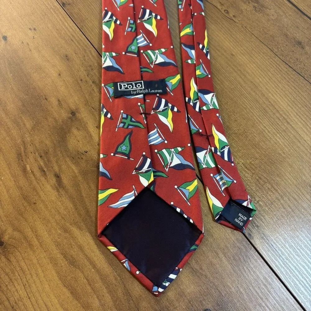 Polo Ralph Lauren Mens Silk Tie Red Nautical Signal Flags Sailing USA Made